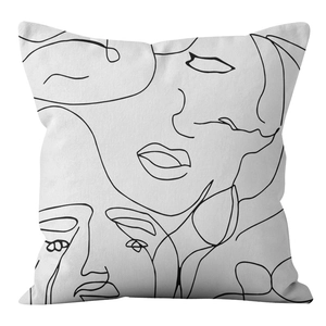 Nordic style pillow cover featuring minimalist black line art face on white fabric