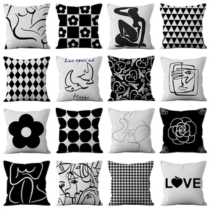 Nordic Minimalist Black White Geometric Pillowcase Modern Abstract Line Art Short Plush Cushion Cover For Sofa Living Room Decor