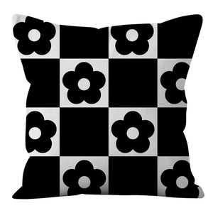 Modern Nordic checkered throw pillow cover with black and white floral pattern