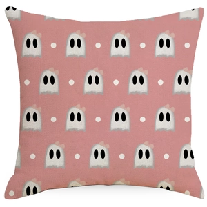 Square pink Halloween throw pillow with cute white ghost pattern and polka dot design