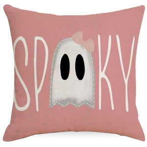 Pink Halloween linen pillow cover with a cute ghost and SPOOKY text print for sofa decor