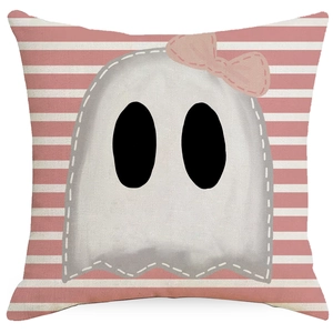 Pink and white striped Halloween ghost pillow with bow for cute home decor