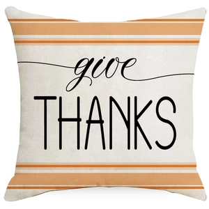 Linen Thanksgiving pillow cover with pumpkin orange stripes and Give Thanks print