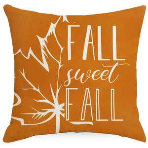 Fall sweet Fall pumpkin orange linen pillow cover with a white maple leaf design