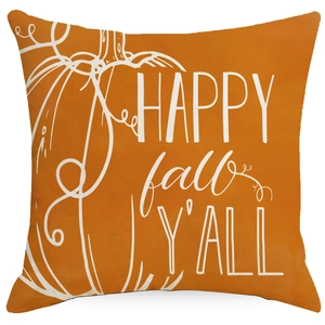 Orange linen Thanksgiving pillow cover with Happy Fall Y'All pumpkin print for sofa