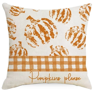 Linen pumpkin throw pillow cover with orange plaid pattern and Pumpkins please text