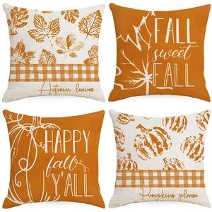 Set of four autumn pumpkin and maple leaf linen throw pillow covers for thanksgiving decor