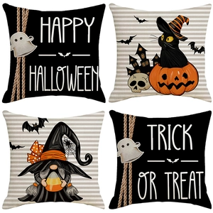 Halloween Linen Throw Pillow Case Ghost Pumpkin Gnome Bat Decorative Cushion Cover For Sofa Living Room Home Decor