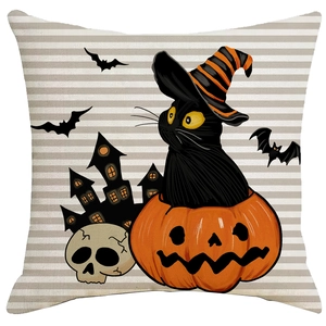 Halloween throw pillow cover featuring a black cat in a pumpkin with a castle background
