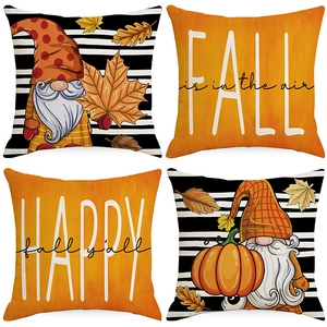 Funda de Almohada de Lino de Gnomo de Otoño de Acción de Gracias Hoja de Arce Calabaza Funda de Cojín Decorativa Sofá