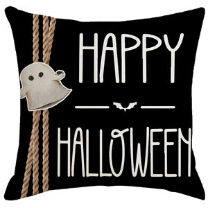 Halloween decorative black throw pillow case with Happy Halloween text and ghost graphic