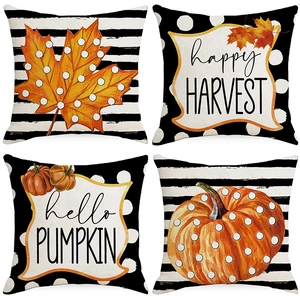 Autumn Thanksgiving pillow covers featuring pumpkins and maple leaves in a set of four