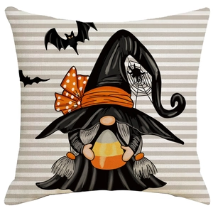 Halloween gnome pillow cover with candy corn and black bats on gray striped linen