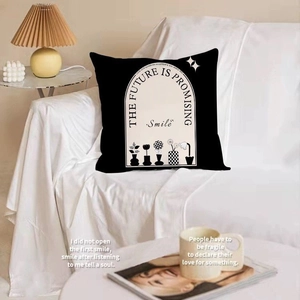 Detail of a black pillow with white arch pattern and creative text on a white sofa