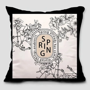 Vintage cream throw pillow case with black floral illustration and contrast piping details