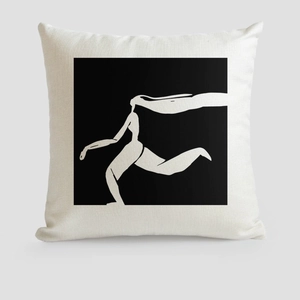 Minimalist square throw pillow cover with abstract black line art on cream linen fabric