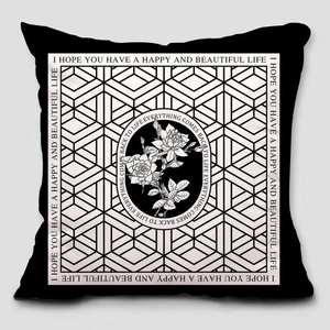 Modern black throw pillow case with white floral and geometric pattern for sofa decor