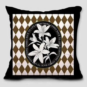Retro Harlequin plaid cushion cover with lily illustration and quote on gray background