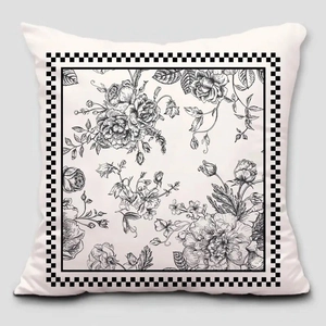 Detail of white square pillowcase with vintage floral sketch and checkerboard border