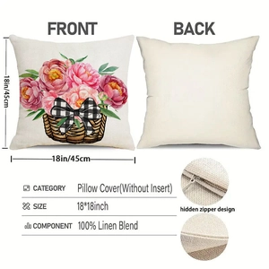 Detailed views of linen blend pillow cover showing floral print and hidden zipper design