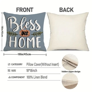 Detail view of 18x18 inch linen pillow cover with hidden zipper and Bless OUR HOME text