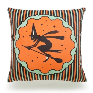 Halloween linen cushion cover featuring witch silhouette and orange stripe borders