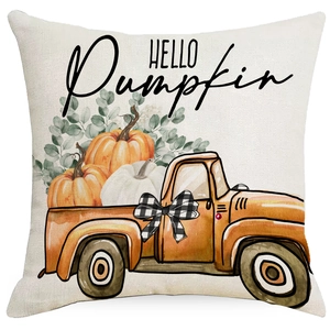 Detail of harvest pillow case with orange truck and pumpkin watercolor print design