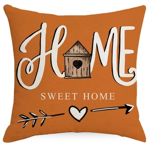 Caramel orange Home Sweet Home throw pillow cover with artistic house and heart graphics