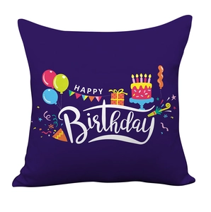 Square purple Happy Birthday pillowcase with colorful balloons, cake and gift box pattern