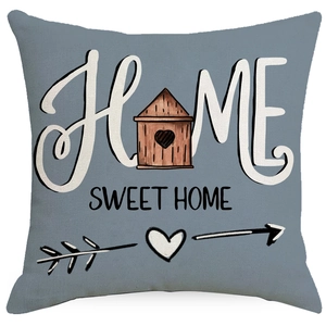 Macro detail of Home Sweet Home print on textured blue-grey cotton linen cushion cover