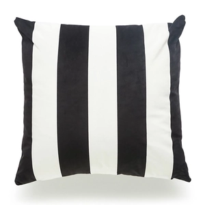 Detailed close-up of square linen pillow cover featuring classic black and white vertical stripes