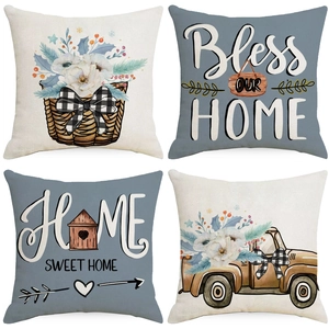 Set of 4 Thanksgiving linen throw pillow covers with rustic floral and truck designs