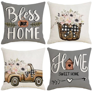 Set of 4 farmhouse linen pillow covers with vintage truck and floral home quotes
