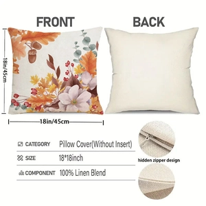 Détail d'une housse de coussin d'automne en lin avec feuilles d'érable et fermeture éclair