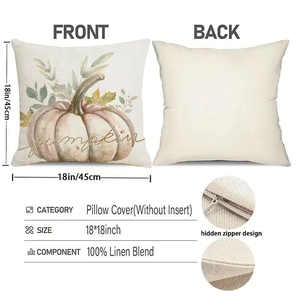 Detail of 18x18 inch linen thanksgiving pillow cover with pumpkin print and hidden zipper