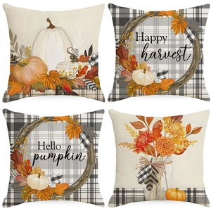 Autumn Thanksgiving Throw Pillow Cover Linen Pumpkin Maple Leaf Plaid Cushion Cover For Sofa Home Decor Happy Harvest