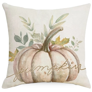 Detail shot of linen texture on Thanksgiving pillow cover with pumpkin watercolor print