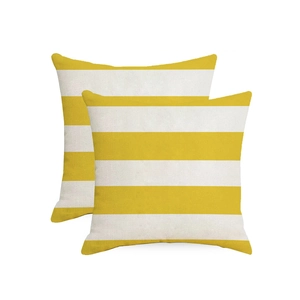Set of two waterproof linen pillow covers featuring bold yellow and cream horizontal stripes
