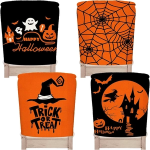 Set of 4 Halloween chair back covers with orange and black pumpkin ghost patterns