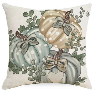Detailed close-up of linen Thanksgiving pillowcase featuring pumpkins with polka dots