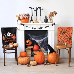 Halloween chair covers set featuring festive ghost pumpkin and orange spider web patterns