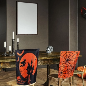 Halloween chair covers set featuring witch silhouettes and spider web patterns for home decor