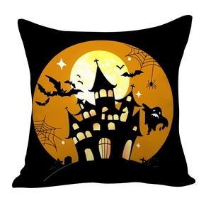 Halloween pillow case featuring yellow full moon, spooky castle and bats on black background