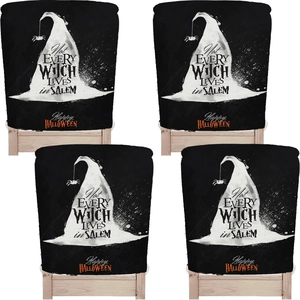 Detail of 4-piece black Halloween chair covers featuring witch hats and festive text