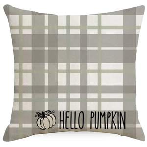 Detail of Hello Pumpkin decorative linen pillowcase with autumn harvest motifs