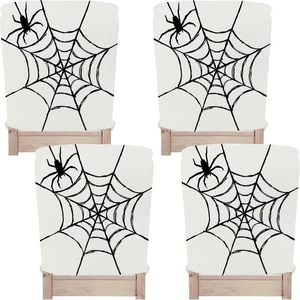 Detailed set of 4 Halloween chair covers featuring black spider web prints on fabric