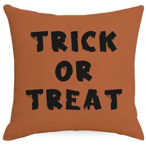 Detail of Trick or Treat Halloween pillowcase with rustic orange linen texture finish