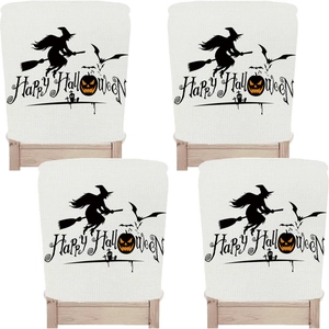 Detailed close-up of 4pcs Halloween chair covers with witch, pumpkin and bat prints