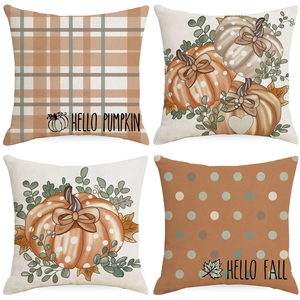 Thanksgiving Linen Pillowcase Autumn Pumpkin Plaid Pattern Decorative Cushion Cover For Home Living Room Sofa Farmhouse Decor