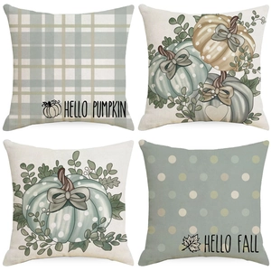Set of 4 linen Thanksgiving pillow covers with pumpkin patterns and Hello Fall text